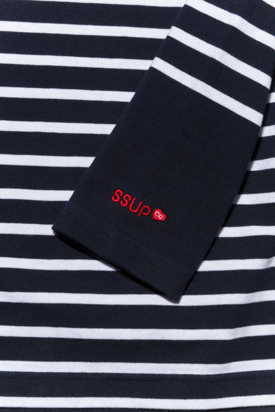 STRIPED MOCK NECK T SHIRT - NAVY